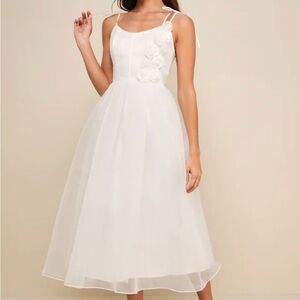 Intentionally Darling White Organza Tie-Strap Rosette Midi Dress